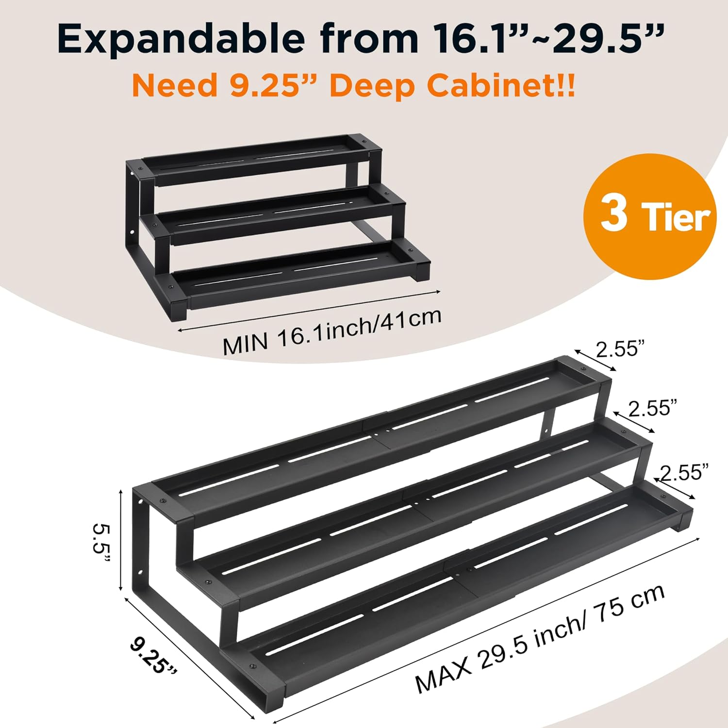3-Tier Spice Rack Organizer for Kitchen Cabinet or Pantry, 16"-29" Expandable Spice Organization Shelf, Seasoning