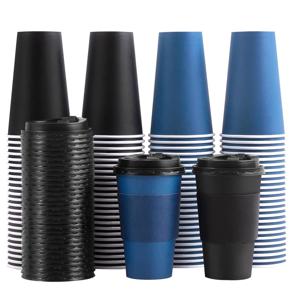 100 Pack 16 oz Coffee Cups with Lids, Disposable Hot Paper Coffee Cups