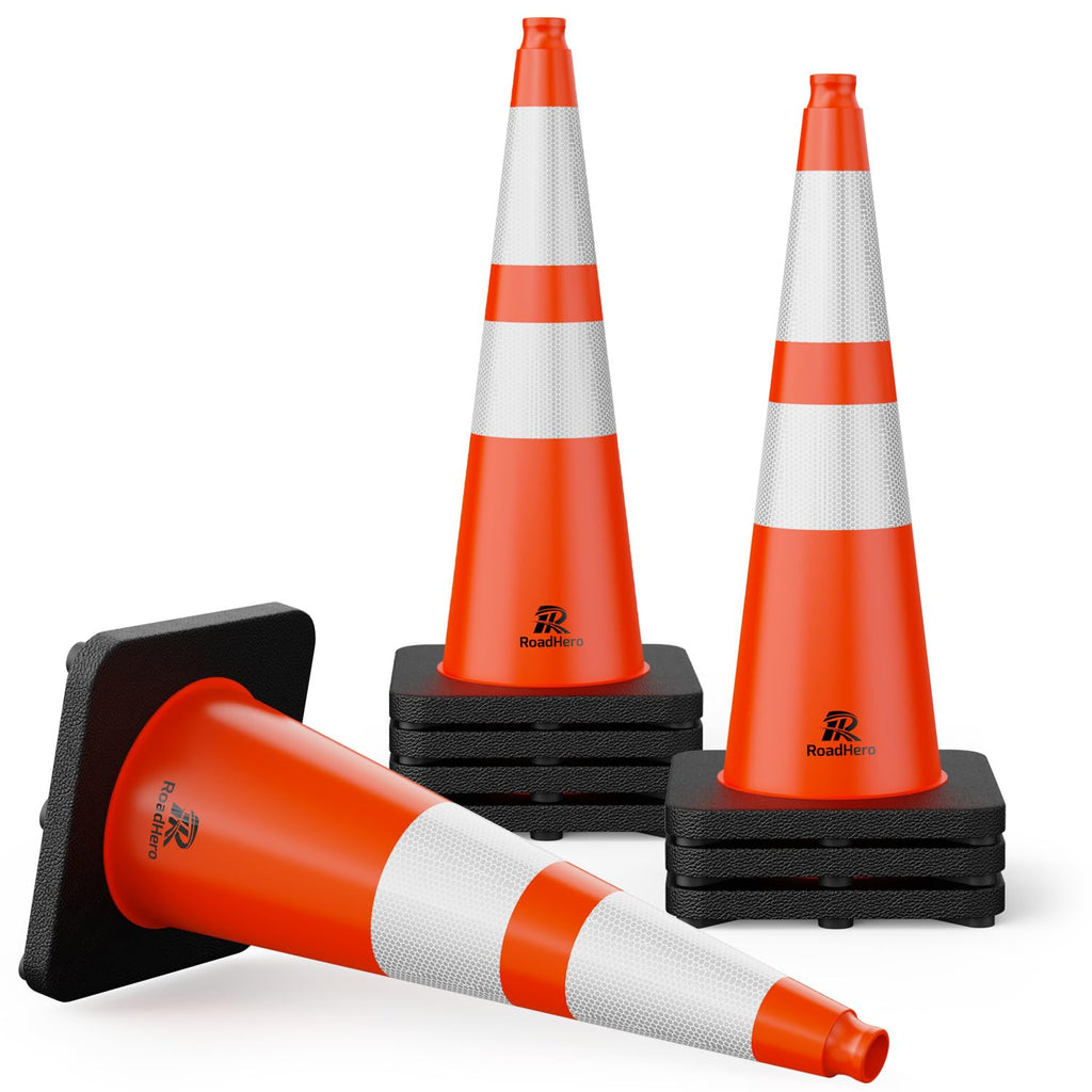 Orange Traffic Safety Cones 28 Inch with Weighted Base, 8 Pack | Reflective Collar, Flexible PVC