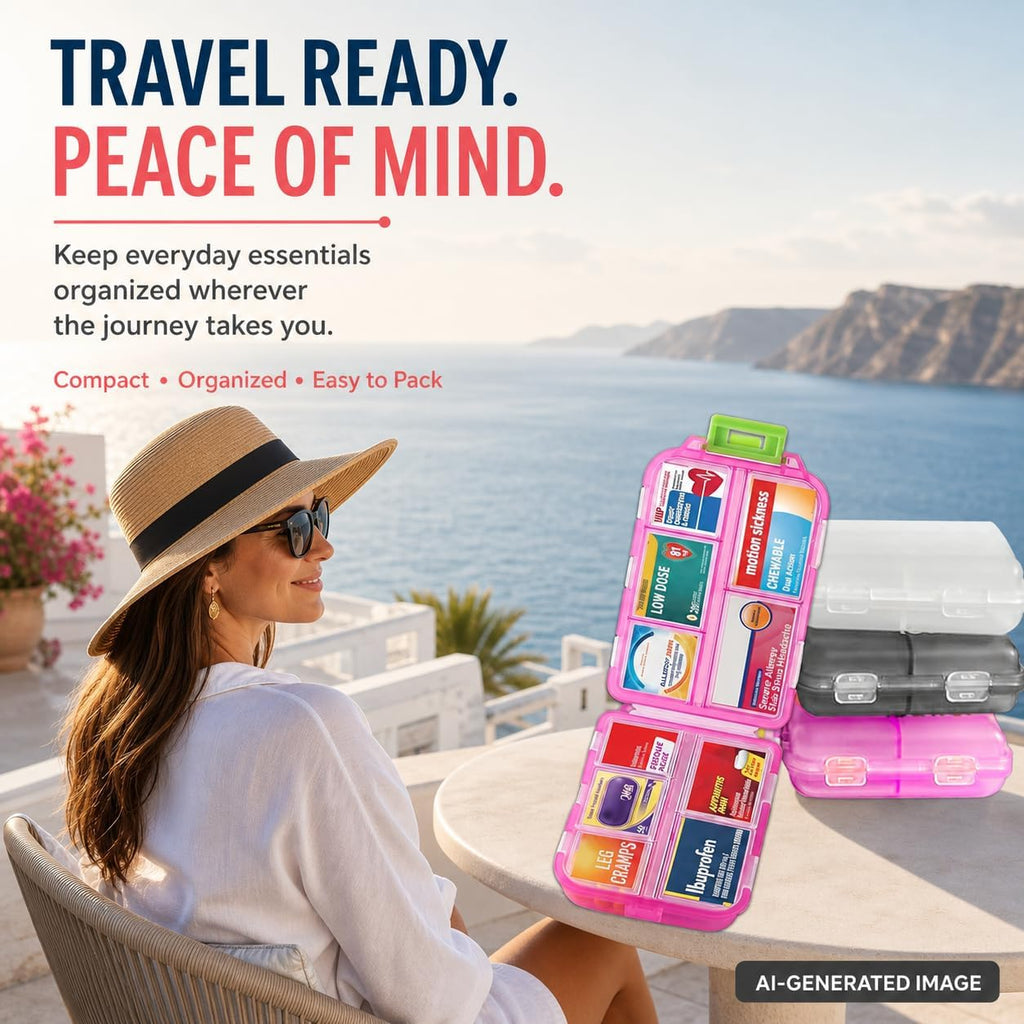 Pill Organizer with Medicine Labels, Travel Daily Pill Container, Mini Medication Organizer, 7-Day Pill Case, Set of