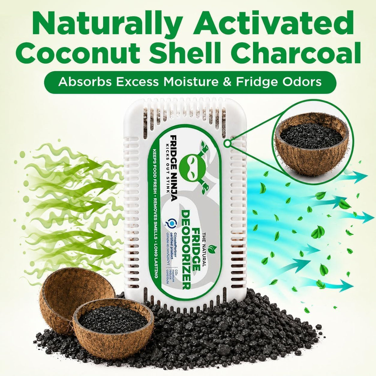 Fridge Ninja Fridge Deodorizer, Activated Charcoal Odor Absorber, 2 Pack