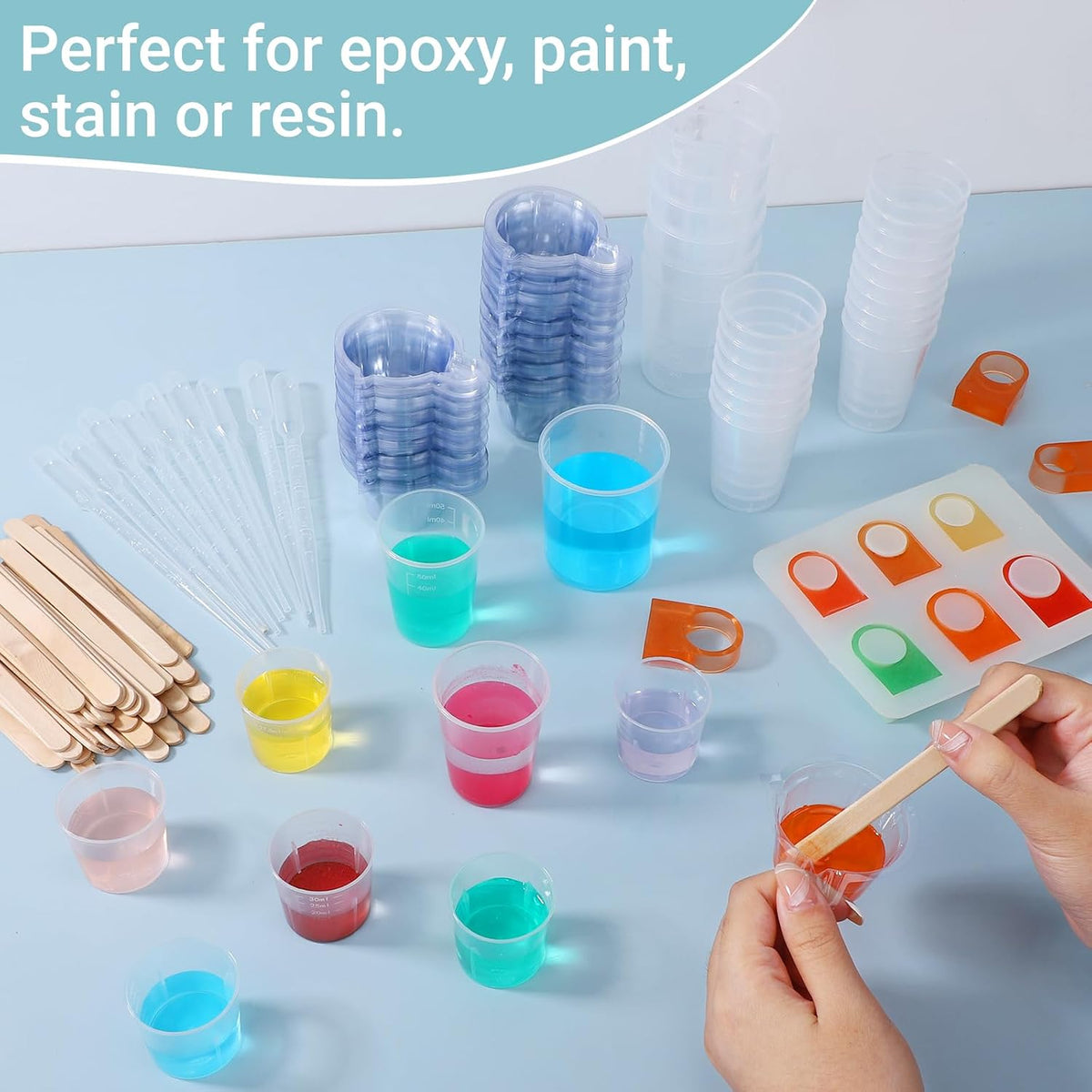 Resin Mixing Cups and Sticks, 110 Packs Epoxy Measuring Cups Kit - 60PCS 100ml Disposable Graduated Cups, 50PCS