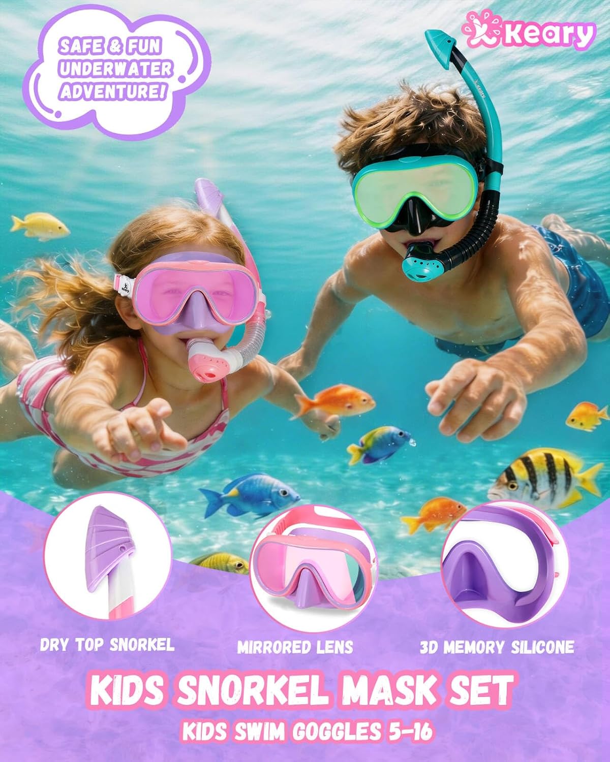 Kids Dry Snorkel Set for Kids 5-16 180° Wide View UV Protection Scuba Snorkeling Gear Diving Mask for Girl Boy Youth