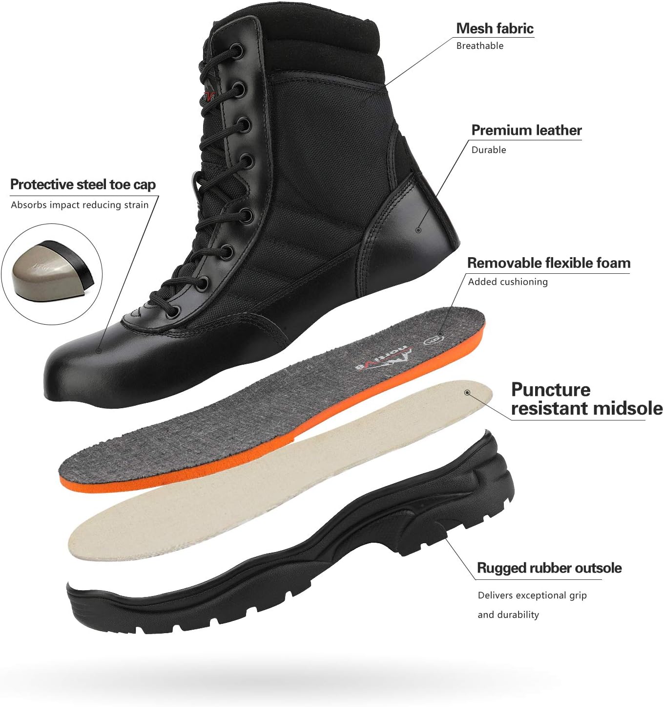 Men's Steel Toe Work Boots Side Zipper | Safety Industrial & Construction Military Work Boots Slip Resistant ASTM