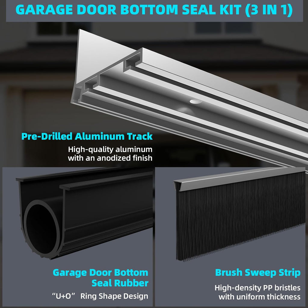 Garage Door Seal Kits, Weatherproofing Garage Door Bottom Seal Rubber with Pre-Drilled Aluminum Track Retainer &