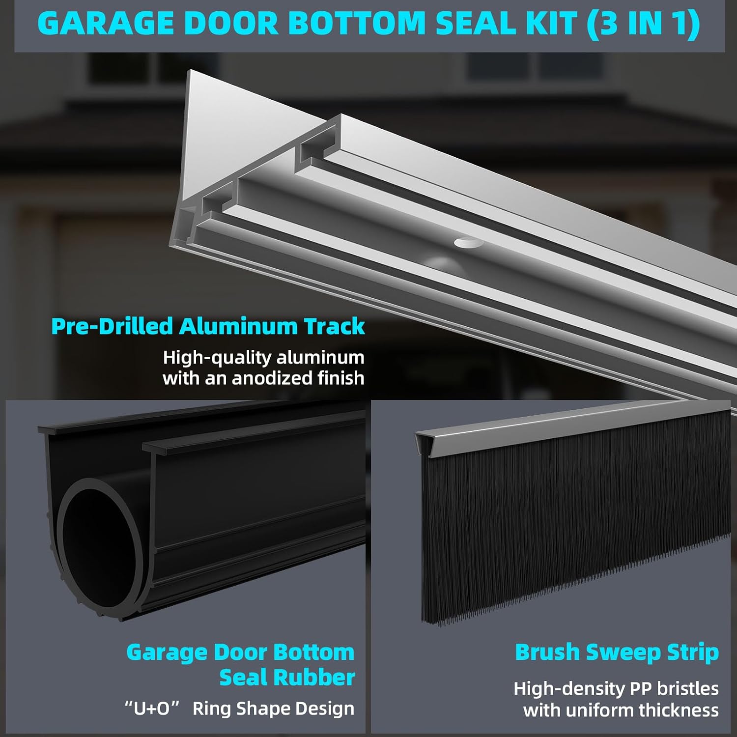 Garage Door Seal Kits, Weatherproofing Garage Door Bottom Seal Rubber with Pre-Drilled Aluminum Track Retainer &