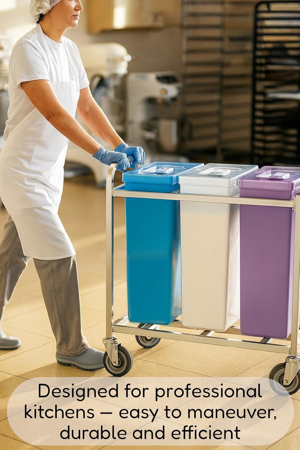 30-Gallon Mobile Triple Ingredient Bin with 3 Clear 24 oz Scoops – Three Color-Coded Containers on Casters for