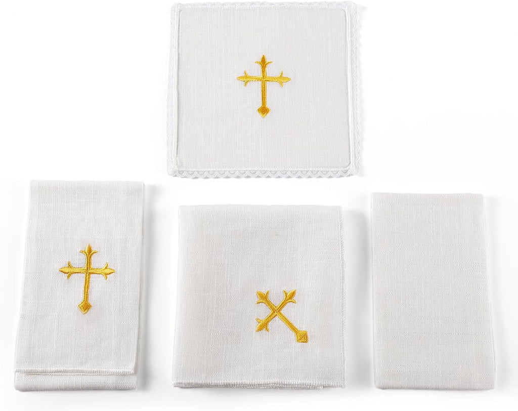 4 Pcs Altar Supplies Linen Corporal for Churches Set(Pall,Corporal,Purificator,Towel),White Linen Altar Cloth Gold