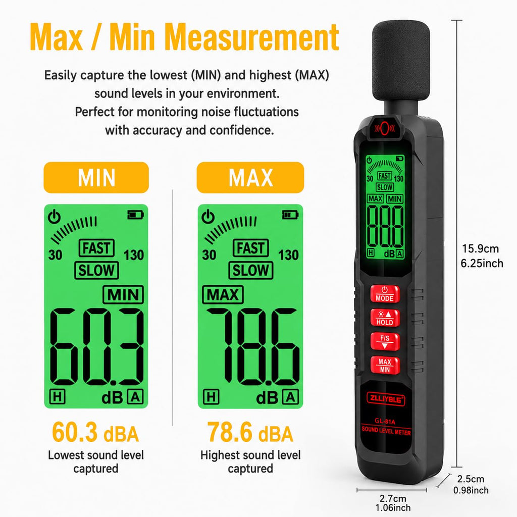 Decibel Meter, Digital Sound Decibel Meter - Range 30-130dB