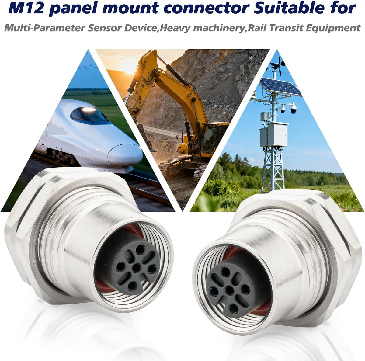 M12 5 Pin Aviation Connector Plugs 2PCS, Lonlonty M12 Male Socket Solder Cup IP67 Waterproof 16mm M12 Socket Panel Cutout Connector-Round seat