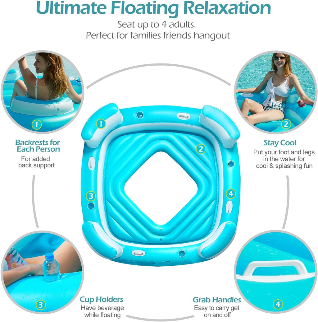 Floating Island Pool Float - Giant Inflatable Multi Person Pool Party Floats Swimming Pool Lounger Raft with Cup