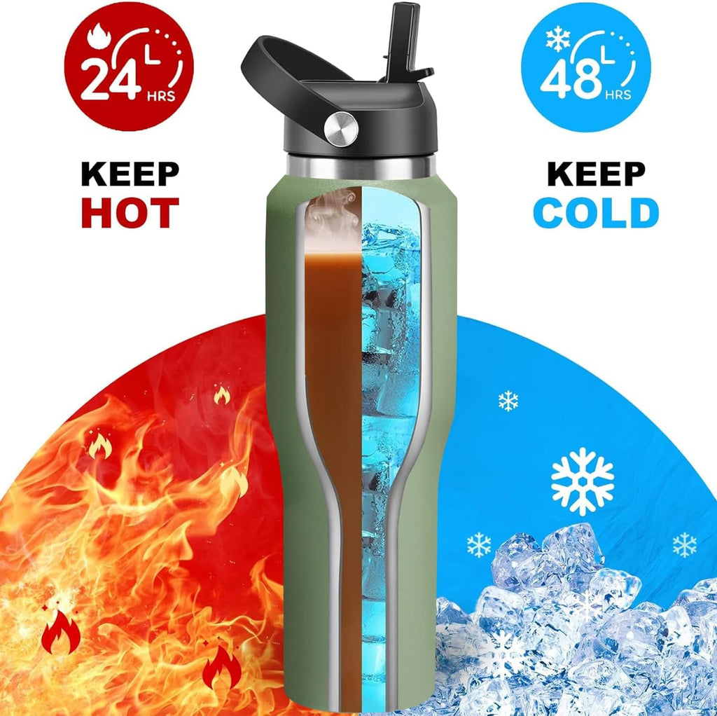 40 oz Insulated Water Bottle with Straw fit in Car Cup Holder(Cold 48 hrs, Hot 24 hrs) Drinking Bottle with Straw
