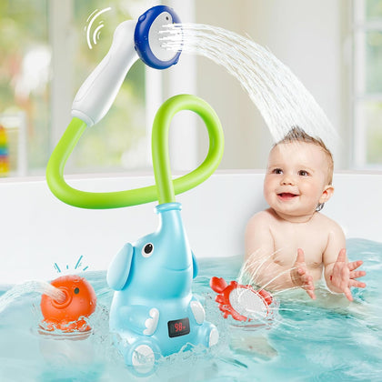 Baby Bath Shower Head with Water Thermometer, 3-in-1 Rechargeable Bath Toys, 3 Exchangable Shower Heads and Soft