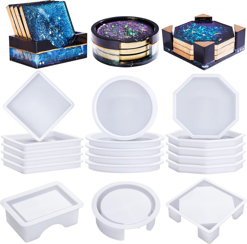 18 Pcs Coaster Resin Molds Silicone, Coaster Molds | with Round Square Octagon Shape Holder Molds for Epoxy Resin