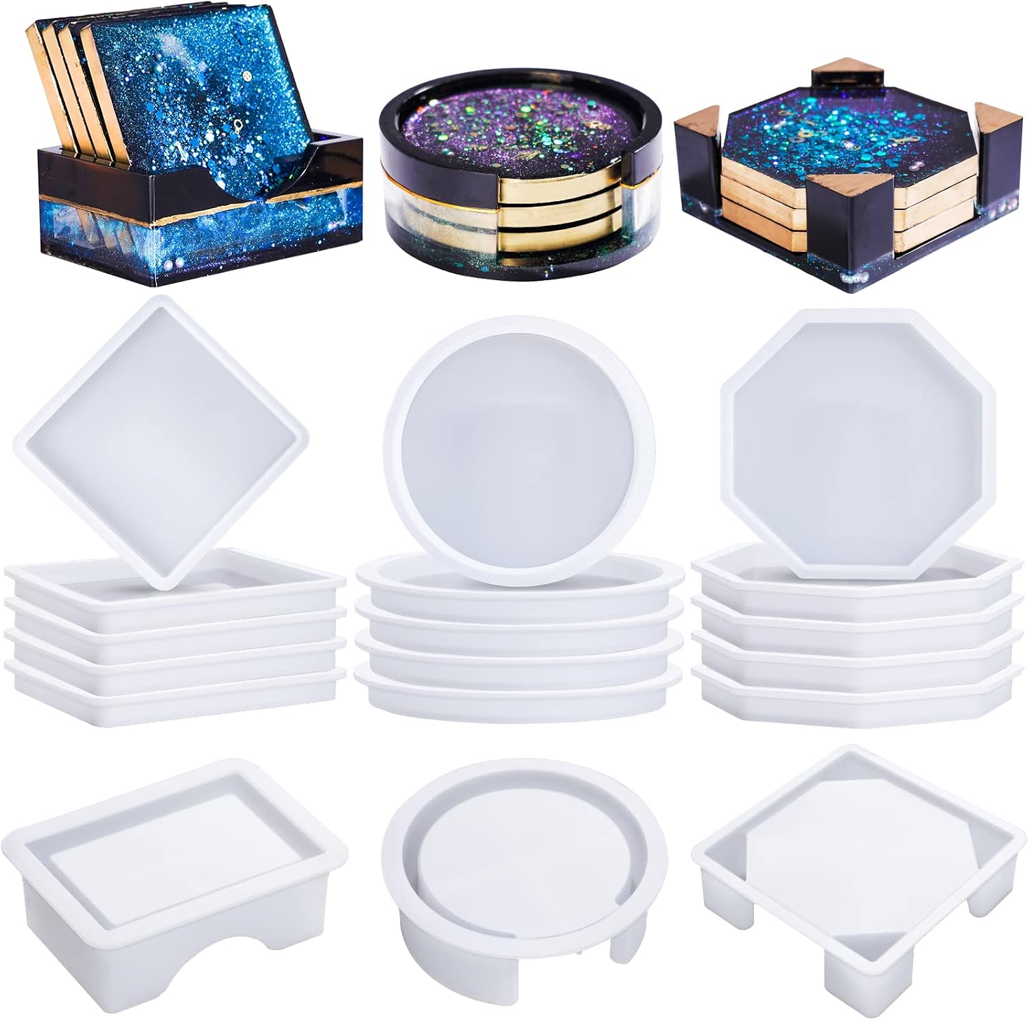 18 Pcs Coaster Resin Molds Silicone, Coaster Molds | with Round Square Octagon Shape Holder Molds for Epoxy Resin