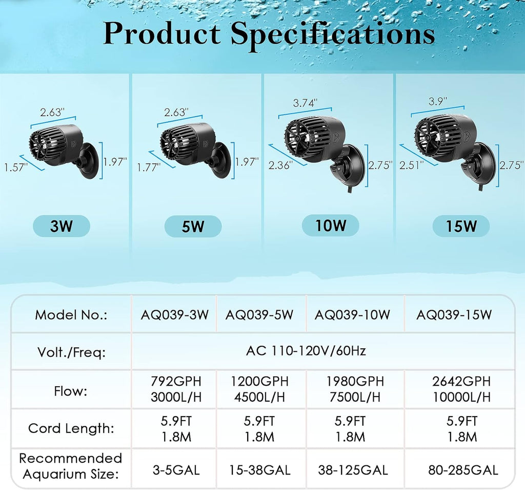Aquarium Wave Maker,Suction Cup Fish Tank Single Powerhead Pump | 3W/5W/10W/15W 110V/60Hz Ultra Quiet Submersible