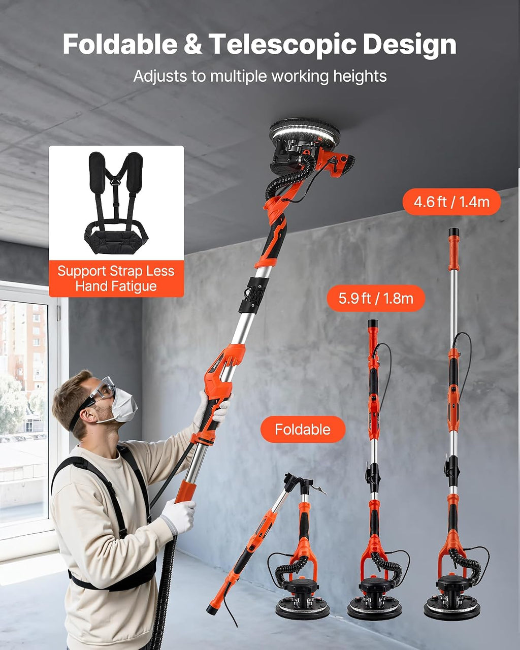 Drywall Sander, 1150W Electric Drywall Sander, Popcorn Ceiling Removal Tool with Vacuum Dust Collection, 5 Variable