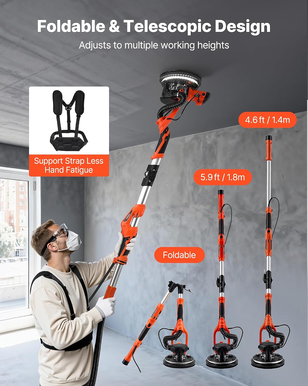 Drywall Sander, 1150W Electric Drywall Sander, Popcorn Ceiling Removal Tool with Vacuum Dust Collection, 5 Variable