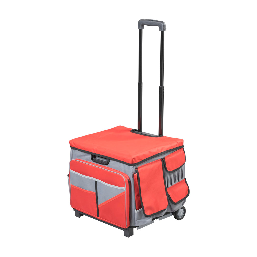Folding Mobile Utility Cart, Canvas Organizer Bag, Red/Grey