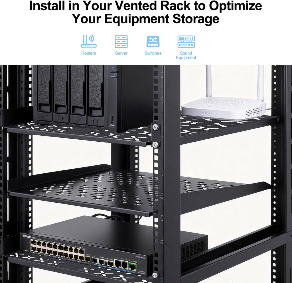 1U Server Rack Shelf - Universal 1u Shelf Vented Rack Mount Cantilever Tray for 19" Network Equipment Rack & Cabinet - 14 Inches Depth -Set of 2