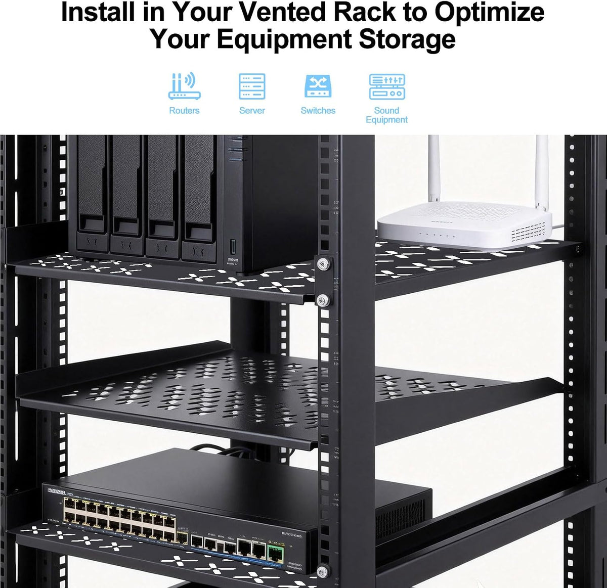 1U Server Rack Shelf - Universal 1u Shelf Vented Rack Mount Cantilever Tray for 19" Network Equipment Rack & Cabinet - 14 Inches Depth -Set of 2
