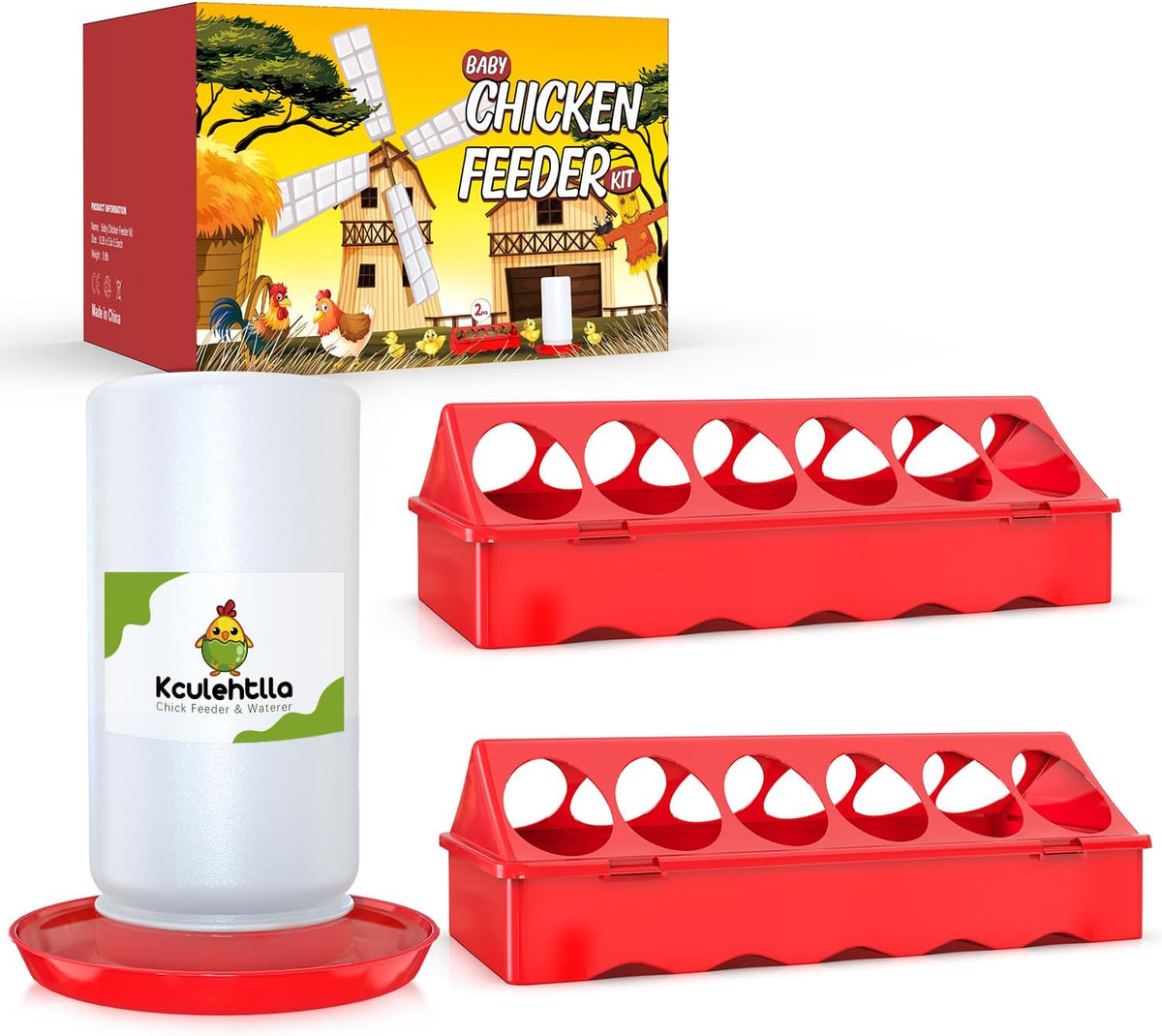 Chick Feeder and Waterer Kit, Chick Feeder Trough and 0.3 Gallon Chick Waterer, No Waste Baby Chick Starter Kit for