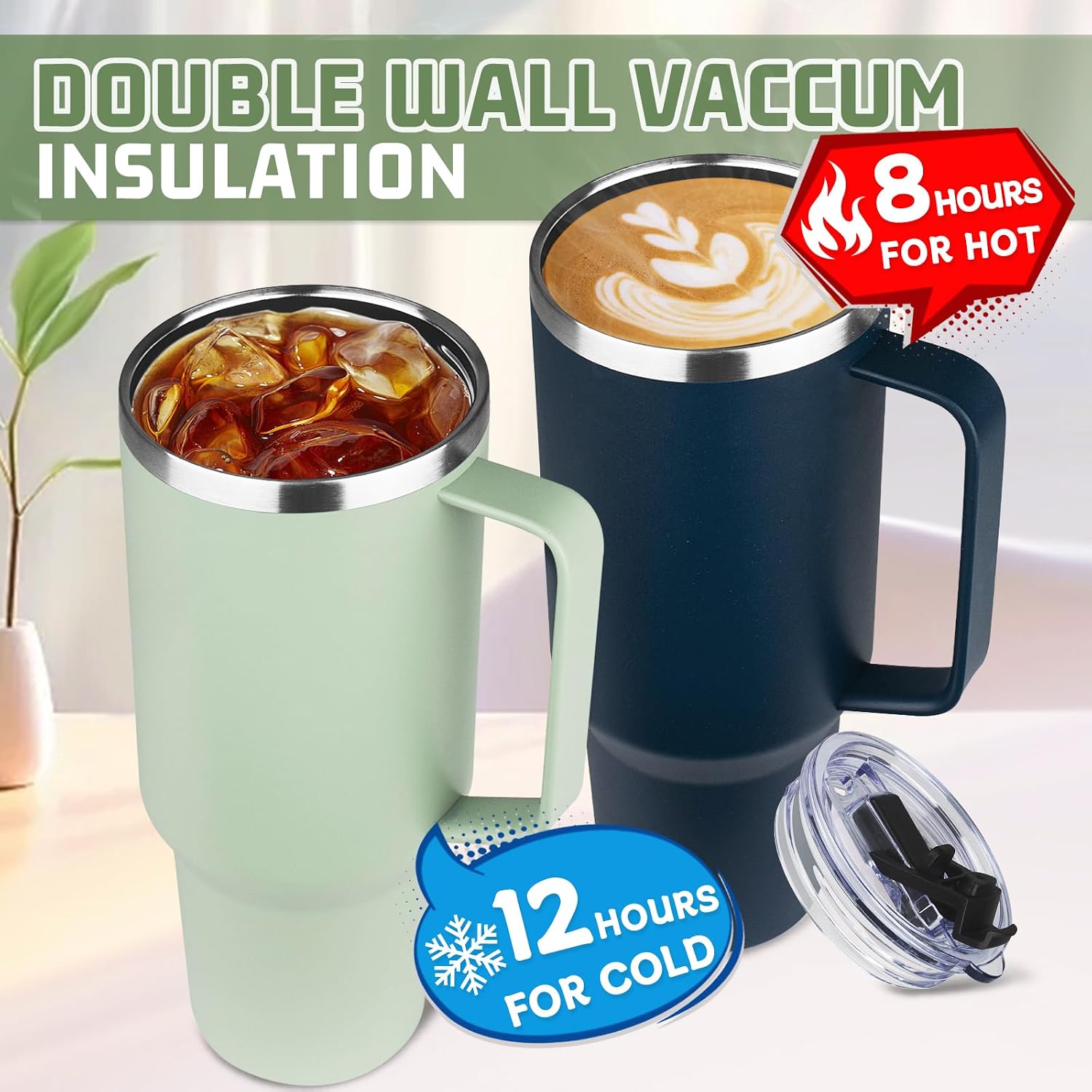 40 oz Tumbler with Handle and Flip Straw, 100% Leakproof Insulated Tumbler with Lid and Straw, Stainless Steel Travel