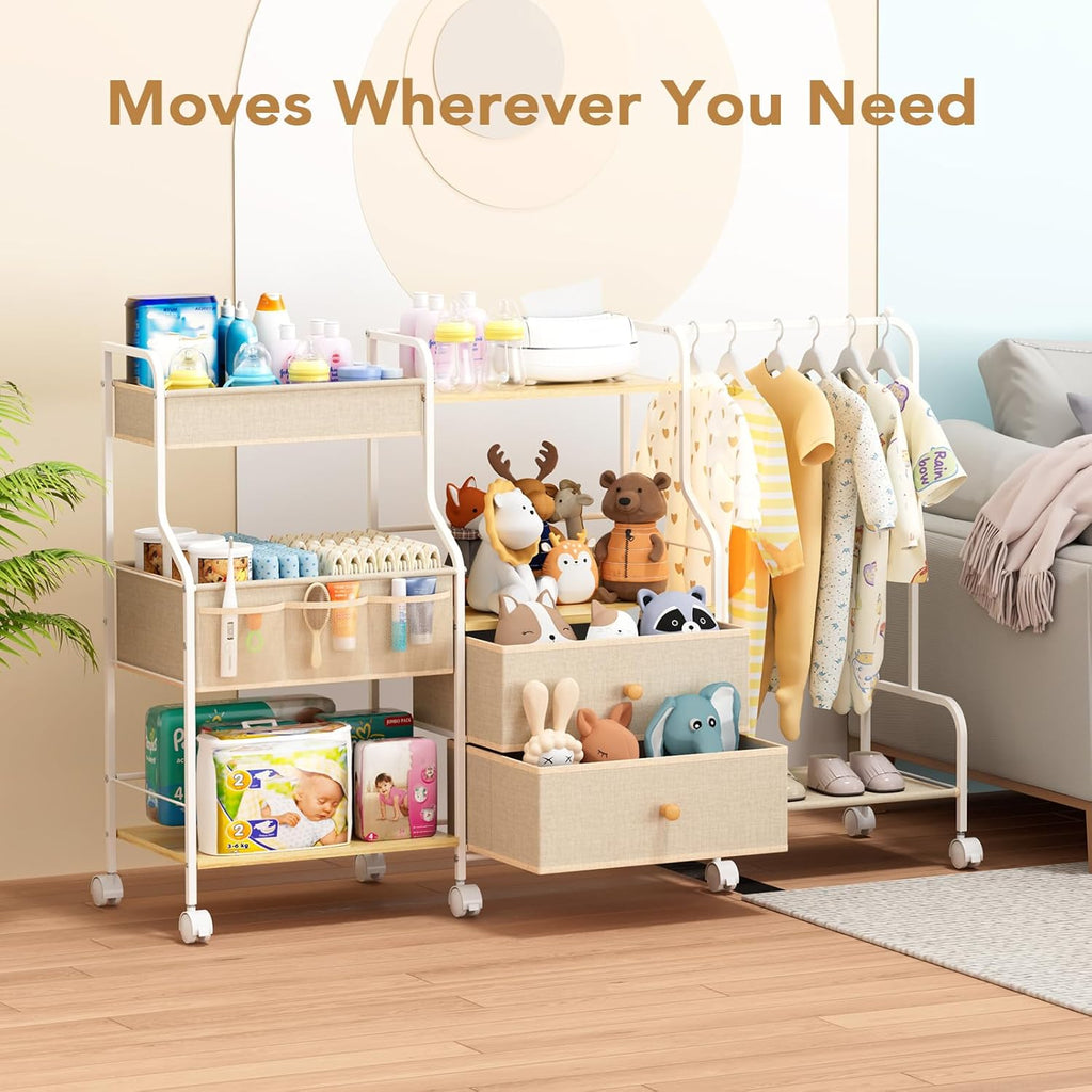 Diaper Caddy Organizer with Hanging Rack - 3 Tier Rolling Utility Cart with Drawers and Dividers for Baby Bottle