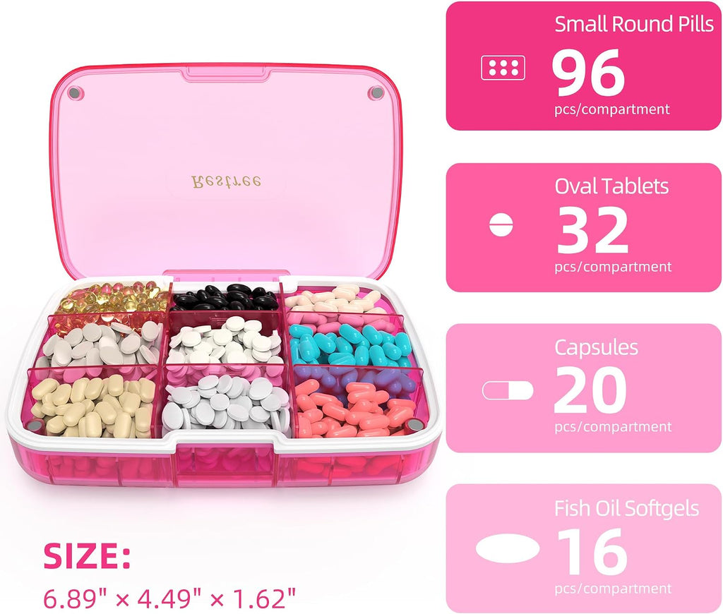 Pill Organizer, Large Waterproof Travel Pill Case, Magnetic Closure & Adjustable Dividers for Daily Vitamins