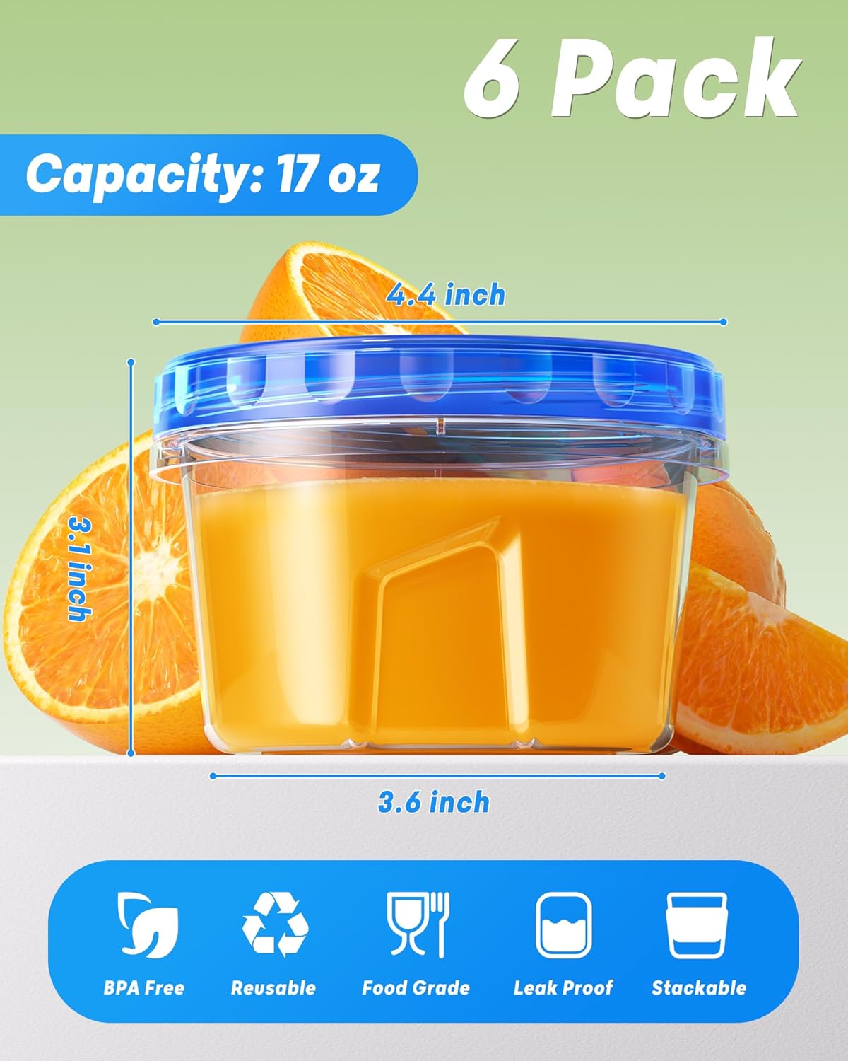6 Pack-17oz Freezer Storage Containers, Plastic Food Storage Containers with Twist Top Lids, BPA Free and Reusable