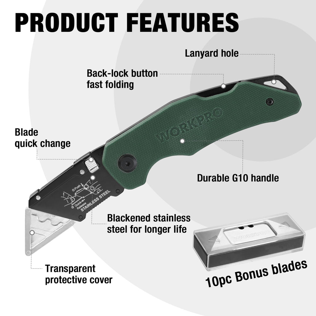 Folding Utility Knife G10 Handle with Stainless Steel Head, Quick-change Blade & Back Lock, Heavy Duty Box Cutter