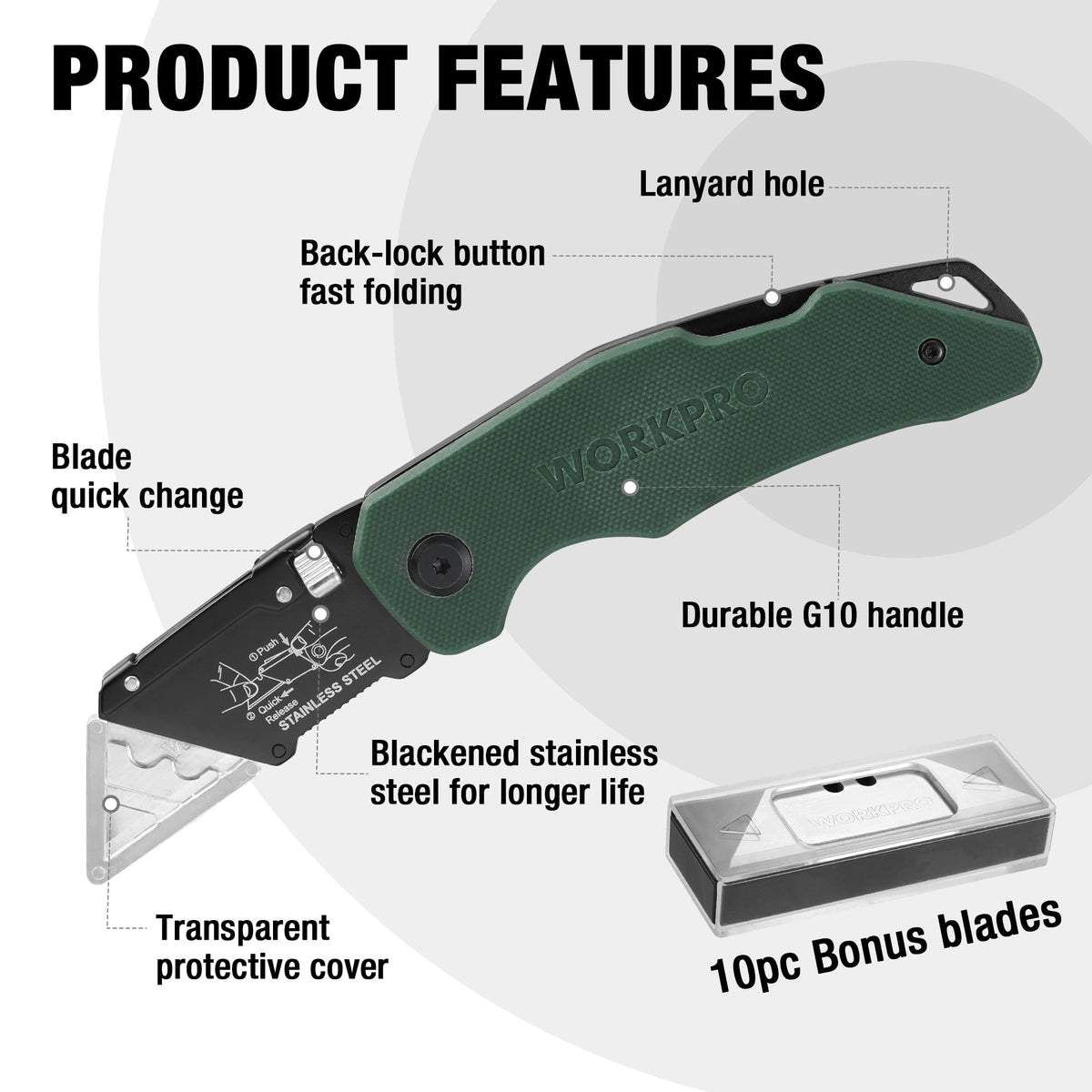Folding Utility Knife G10 Handle with Stainless Steel Head, Quick-change Blade & Back Lock, Heavy Duty Box Cutter