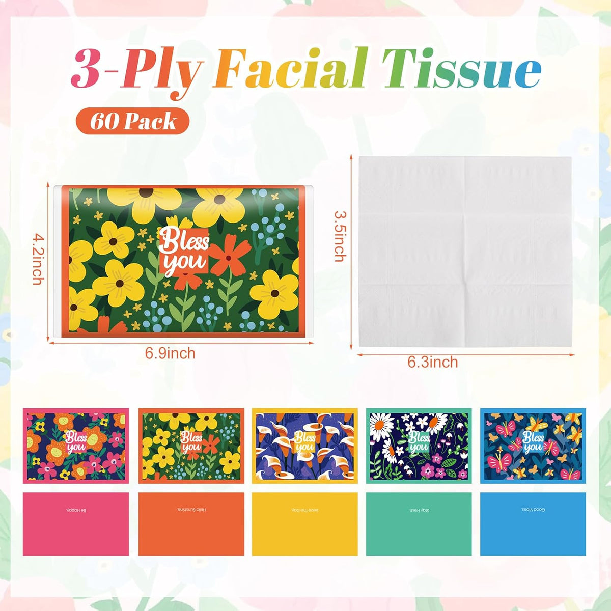60 Pack Wildflower Bless You Travel Pocket Tissues Bulk