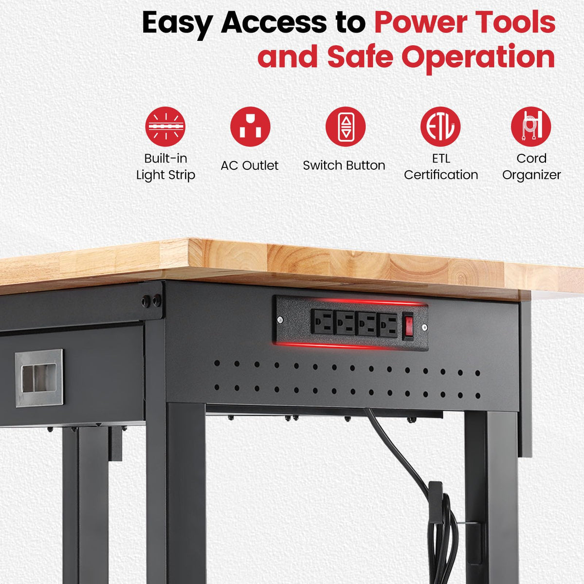 60" Heavy Duty Workbench with Wheels, Adjustable Height Garage Work Bench with Solid Rubberwood Top, Drawer, Pegboard