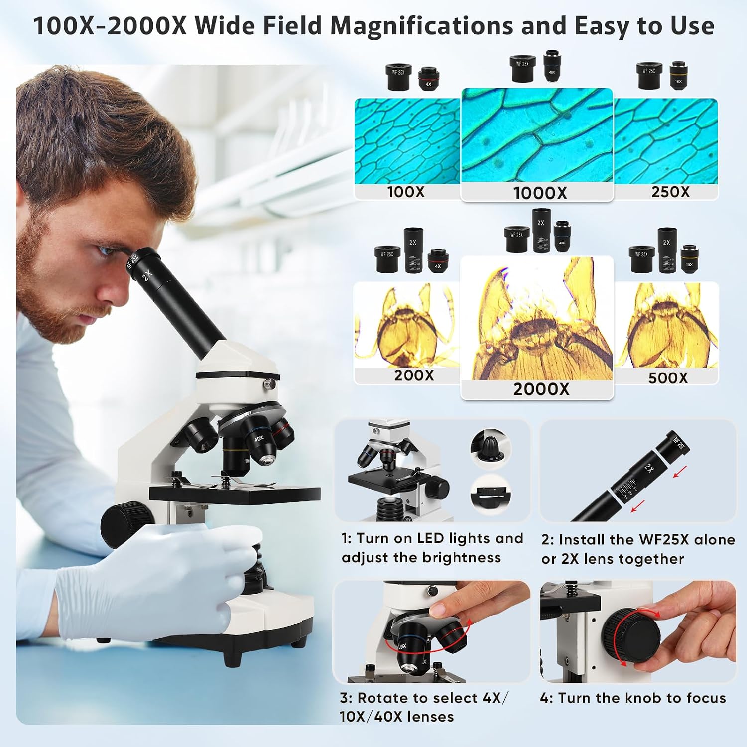 Microscope for Adults Professional:Compound Microscope for Kids 8-12,100X-2000X Kids Microscope Kit with Prepared
