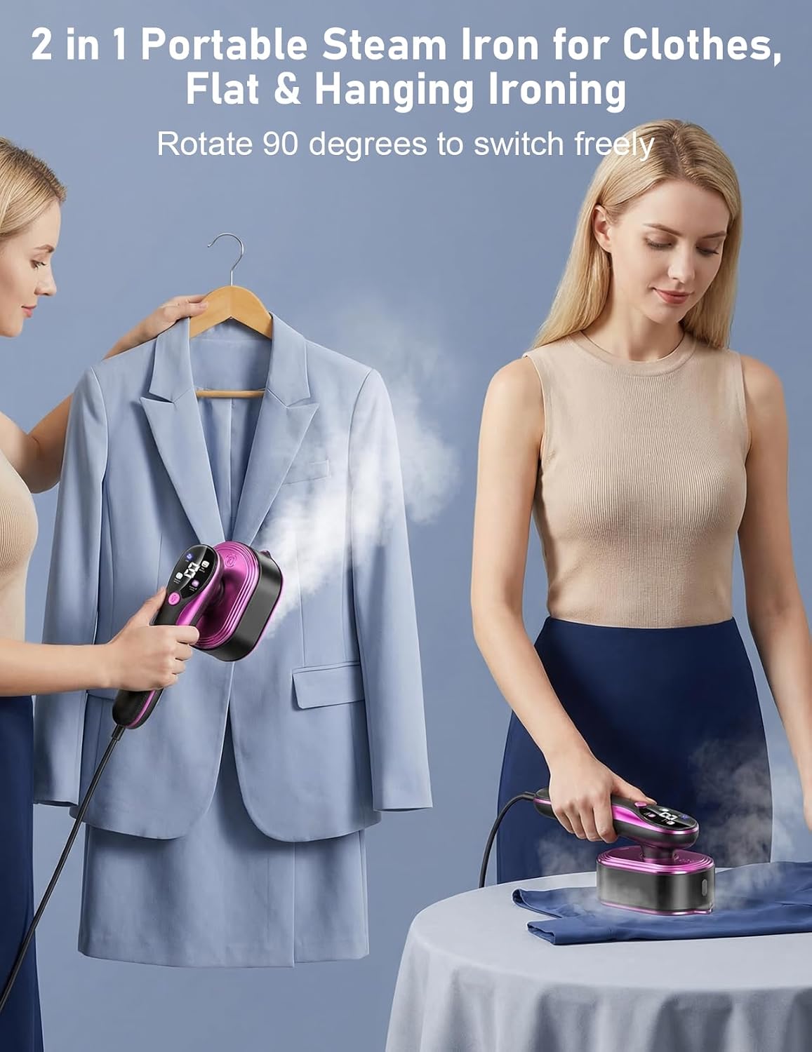 Travel Garment Steamer for Clothes with LED Display, 1200W Portable Handheld Steamer ＆ Iron 2 In 1, 10s Fast Heat Up