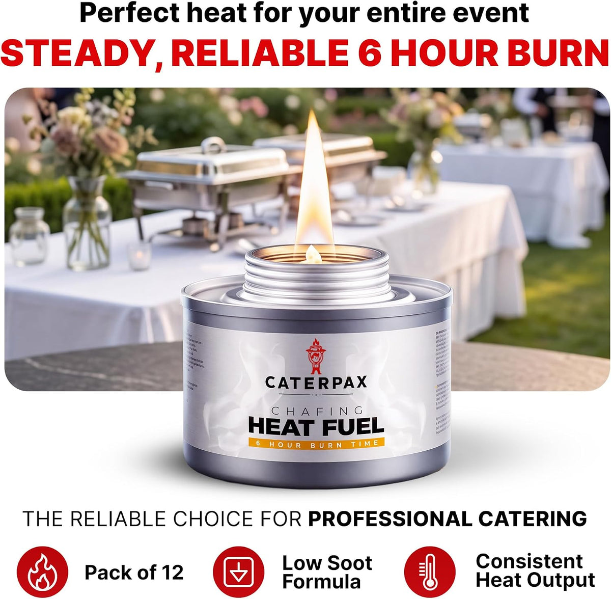 6 Hour Chafing Fuel Cans for Food Warmers and Buffet Trays 12 Pack