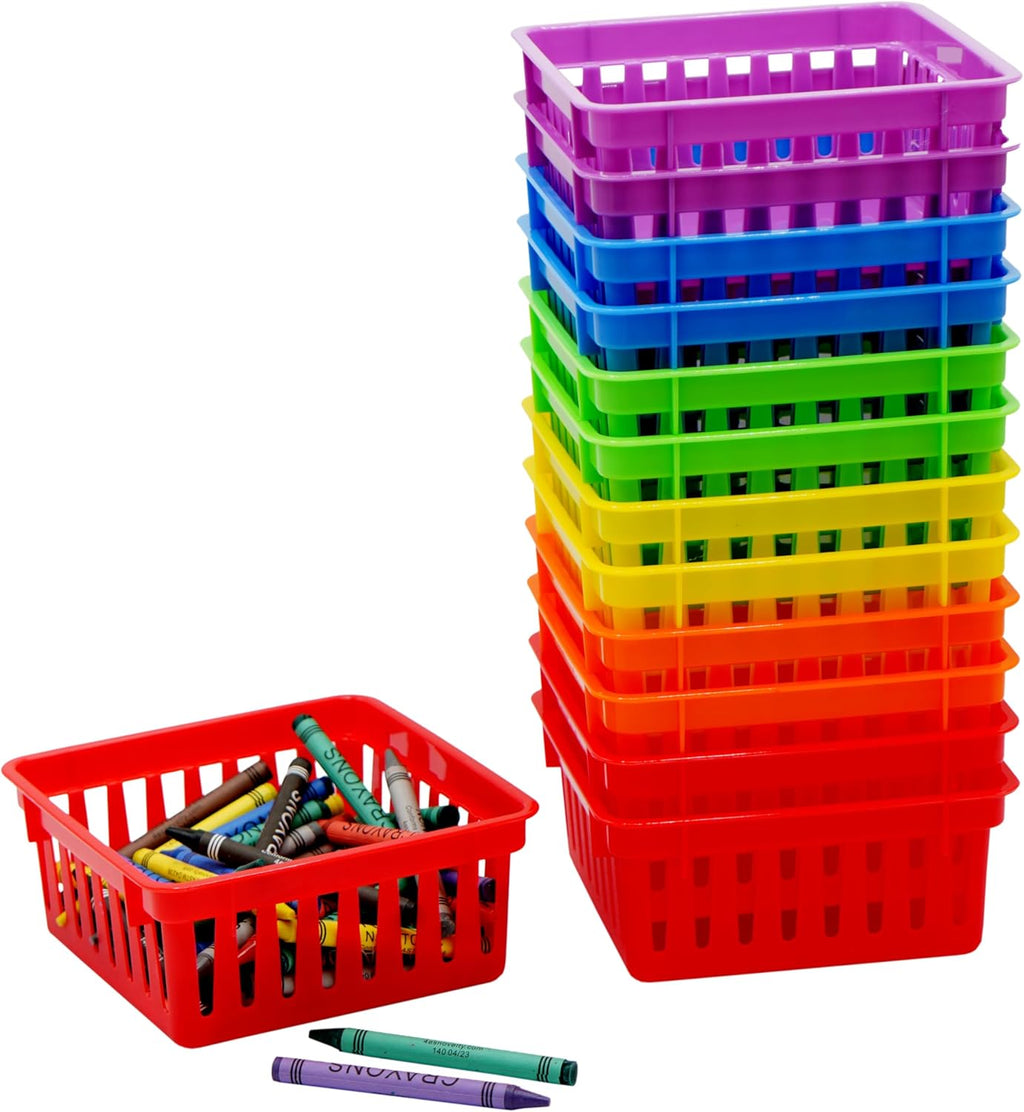 12 Pack Small Classroom Storage Baskets, Square 4.5" Sturdy Plastic Colorful Crayon & Pencil Container, Organizer