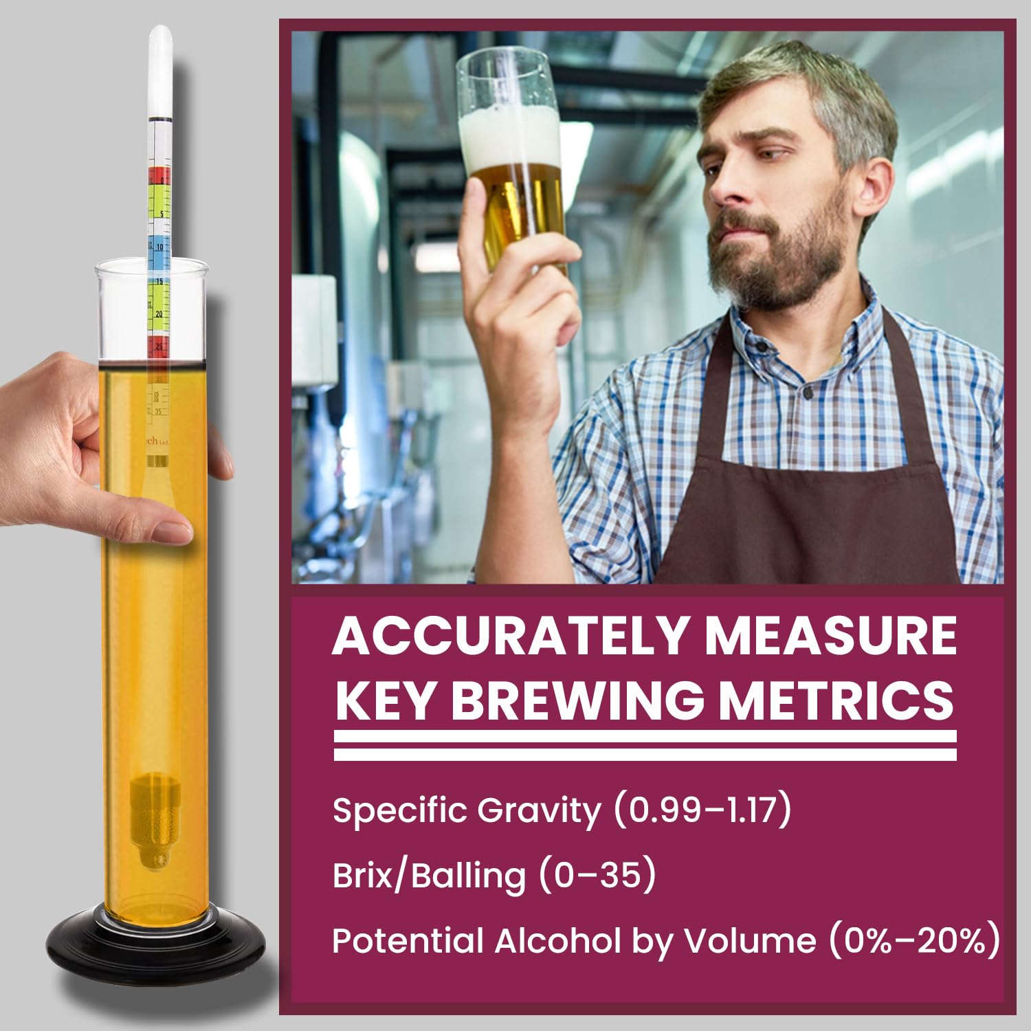 Glass Triple Scale Hydrometer Kit – Test ABV, Brix, Gravity for Wine, Beer, Mead & Kombucha, with Microfiber Cloth &