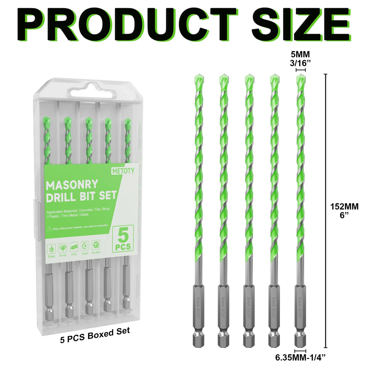 5 Pack 3/16 inch Masonry Drill Bit Set - Carbide Tip Hex Shank Concrete Drill Bits for Brick, Tile, Cement, Glass & Plastic