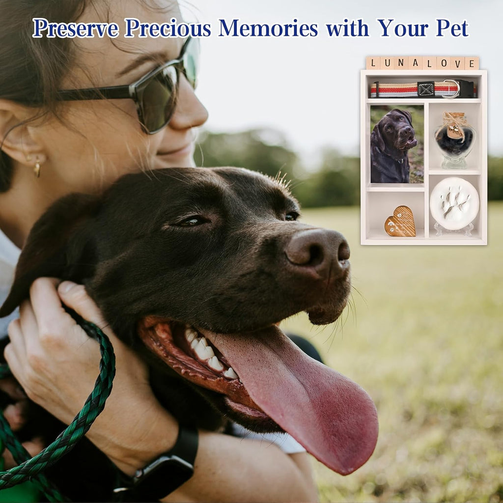 Pet Memorial Shadow Box with Shelves for Loss of Dog Cat Memorial Gifts 4X6 Picture Frame Paw Print Kit Fur Keepsake