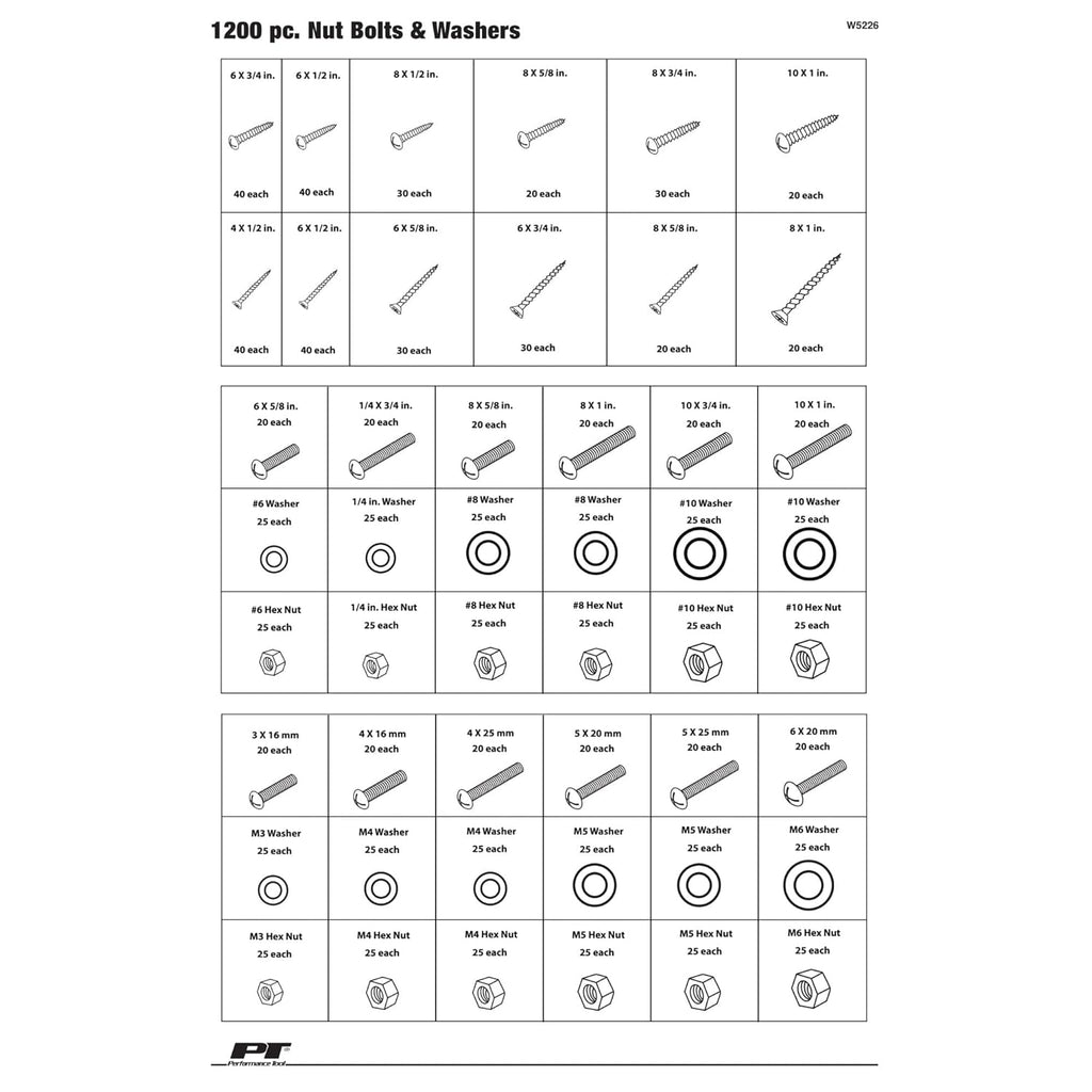W5226 SEA/Metric Nut and Bolt Assortment with Case, 1,200 pieces
