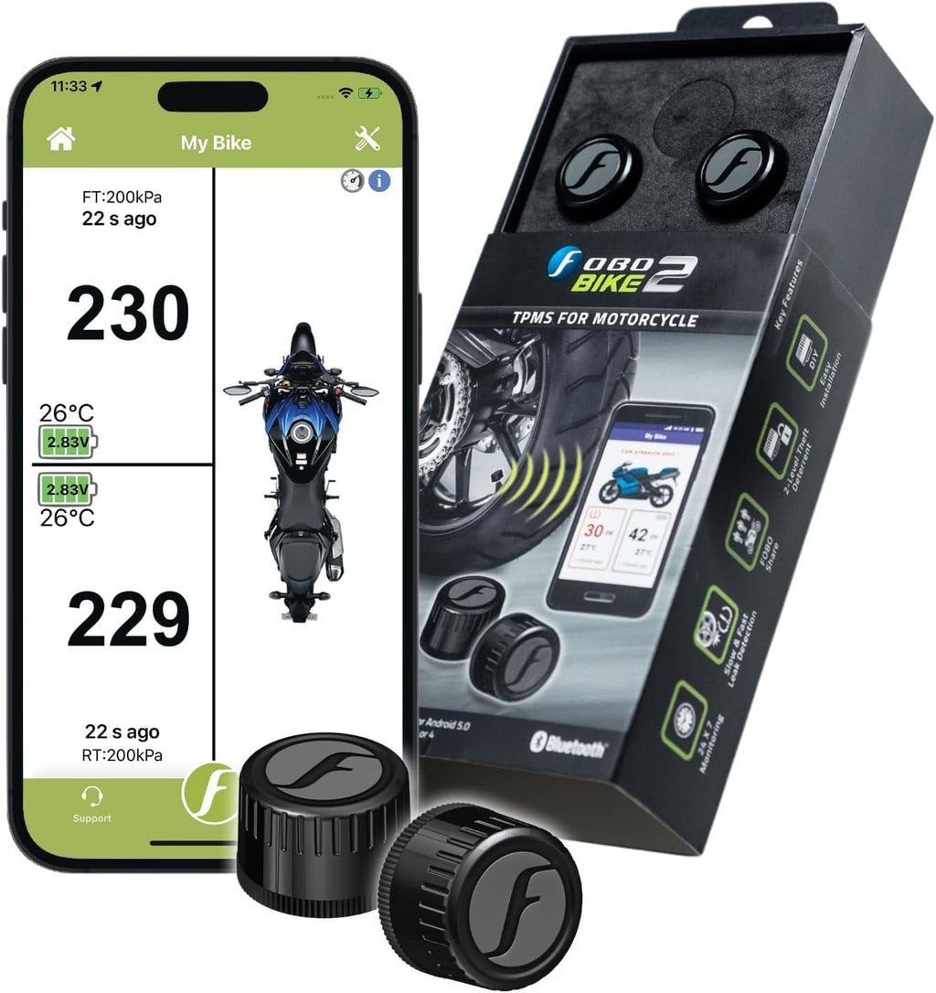 Bike 2 TPMS (Black) - Wireless Tire Pressure Monitoring System with Bluetooth 5.0 | Real-Time Tire Pressure Sensor |