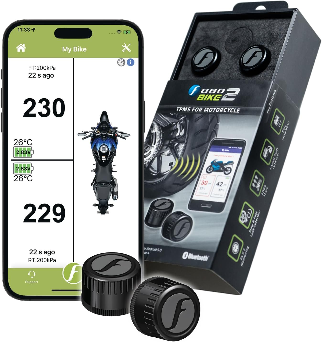 Bike 2 TPMS (Black) - Wireless Tire Pressure Monitoring System with Bluetooth 5.0 | Real-Time Tire Pressure Sensor |