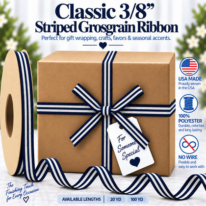 USA | American Made 3/8" Navy & White Taffy Striped Grosgrain Ribbon - 20 Yards