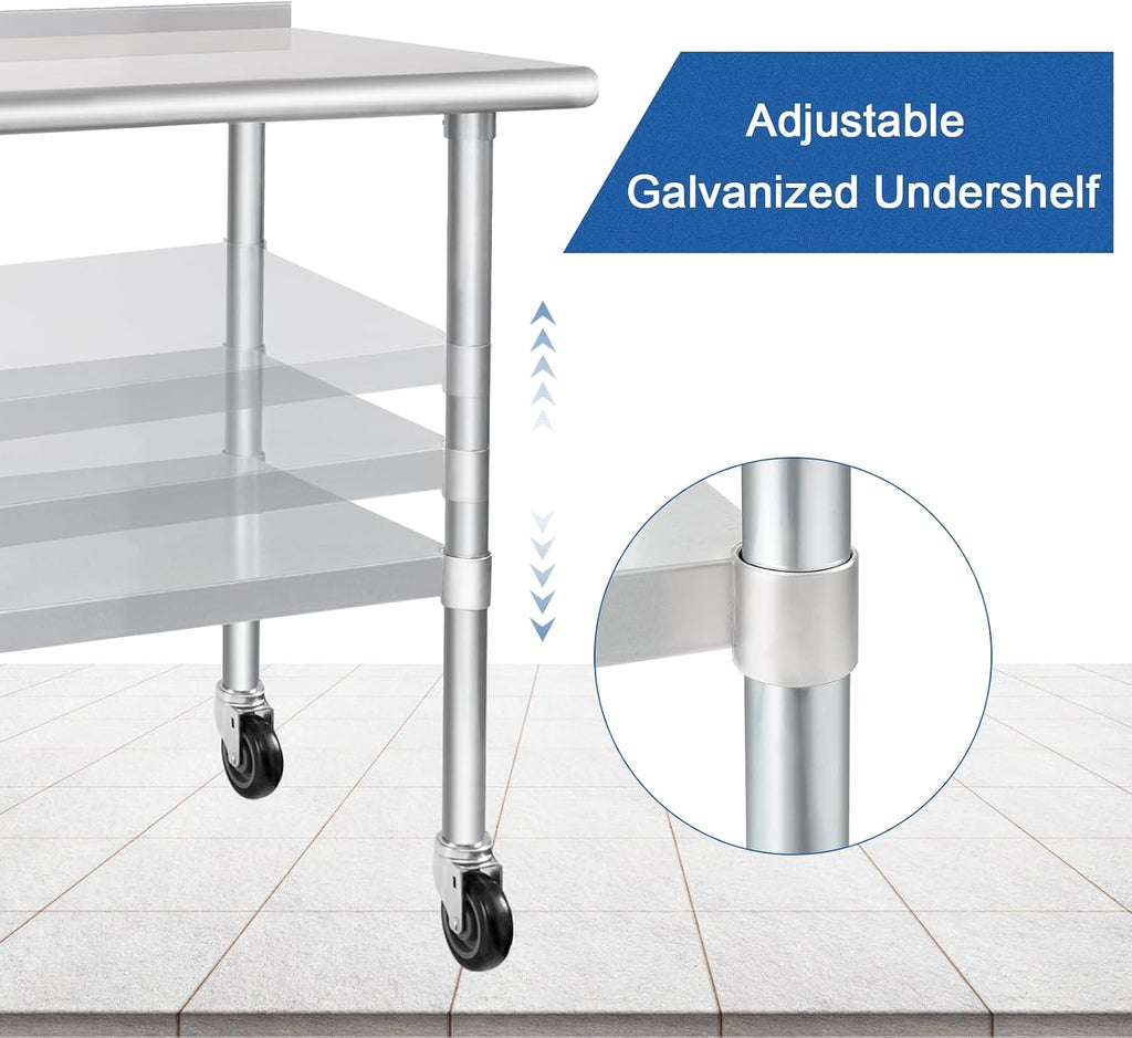 HARDURA Stainless Steel Table with Wheels 30X60 Inches, 2" Backsplash