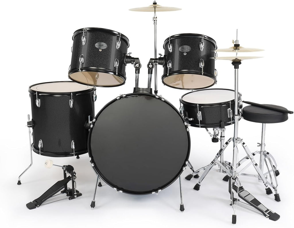 22 Inch Complete Adult Drum Set, 5-Piece, Black | Beginner Drums Kit, with Cymbal Stands, Hi-hat Stand, Sticks, Drum