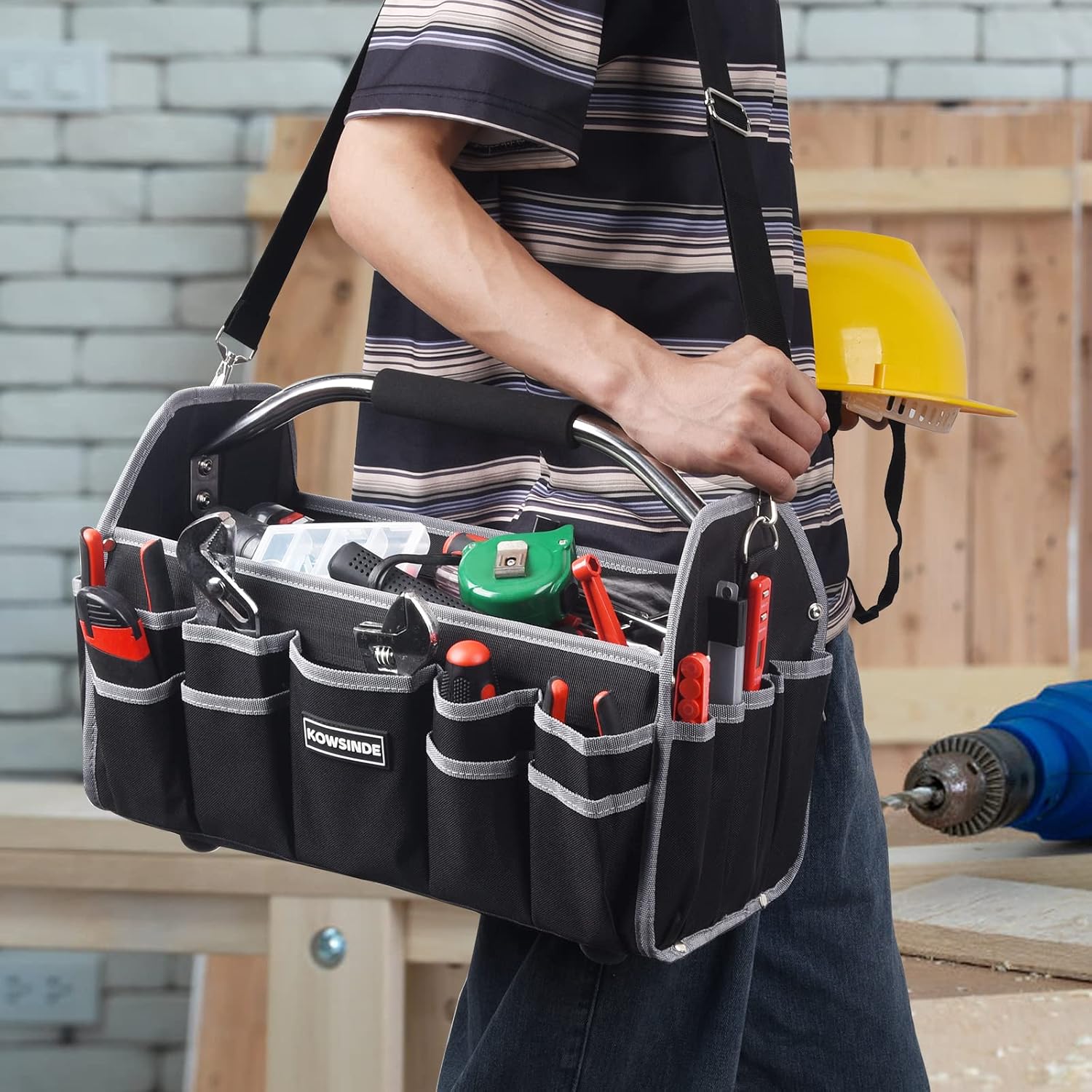 16 Inch Tool Bag, Electrician Tool Bag, Open Top Tool Bags, 26 Pockets Can Hold Many Tools, Steel Handle and