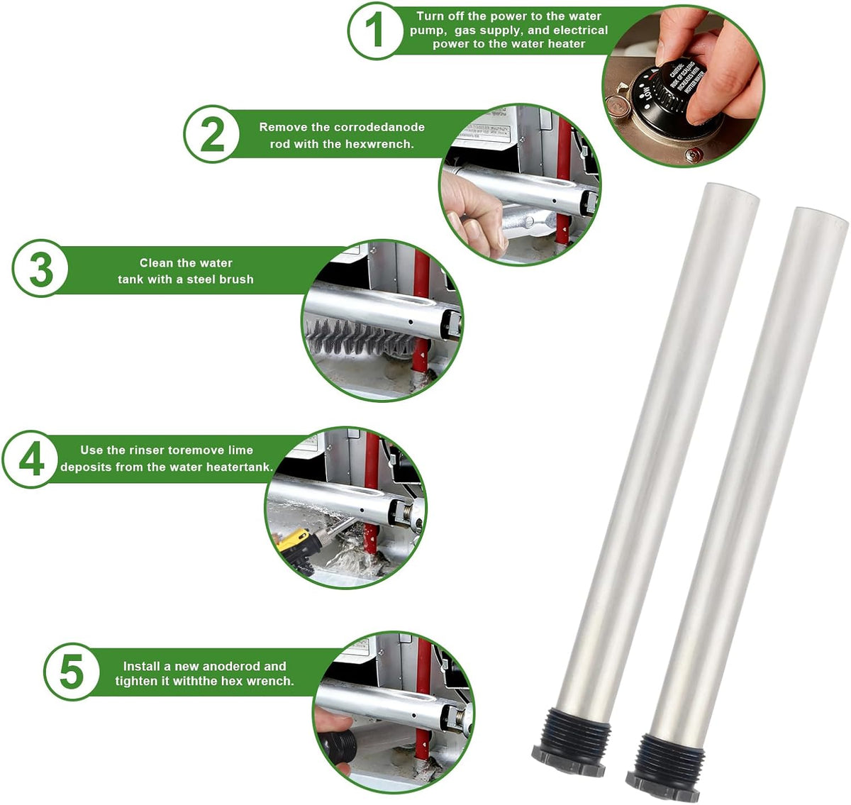 9PCS RV Water Heater Anode Rod & Cleaning Kit - 9.25"L 3/4"NPT Magnesium Rods for Suburban/Mor-Flo, RV Tank Rinser, Stainless Steel Brush, Wrench - Extends Heater Lifespan (9 PCS)