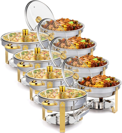 5QT 8 Pack Chafing Dish Set Gold Accent, Round Stainless Steel Buffet Warmer Chafers with Glass Lid & Lid Holder for